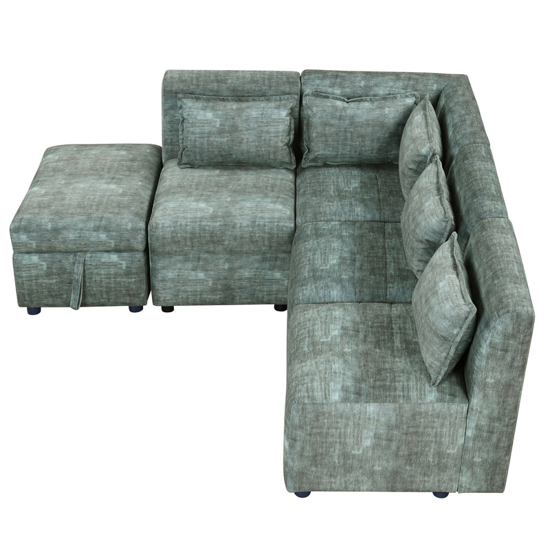 Free-Combined Sectional Sofa 5 Seater Modular Couches With Storage Ottoman, 5 Pillows For Living Room