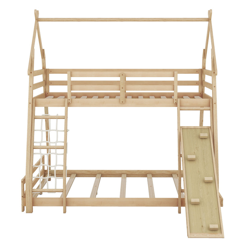 Twin Over Queen House Bunk Bed With Climbing Nets And Climbing Ramp