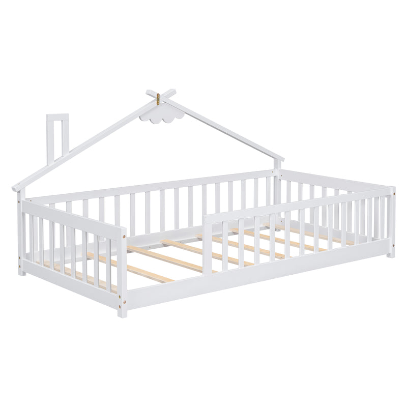 Twin House-Shaped Bedside Floor Bed with Guardrails, Slats, without Door,White