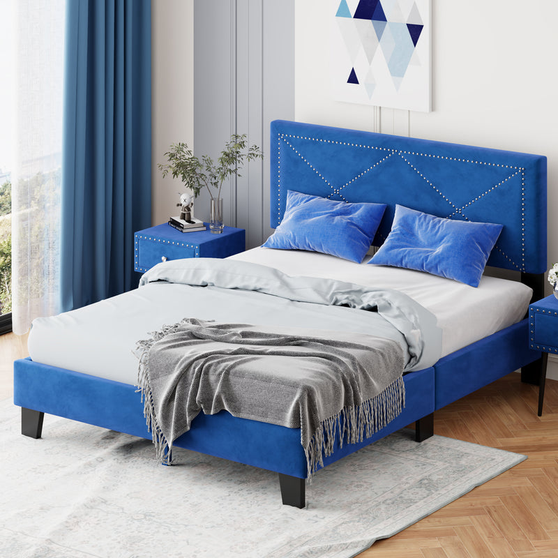 Simple Queen Size Upholstered Bed Frame with Rivet Design, Modern Velvet Platform Bed with headboard, Blue