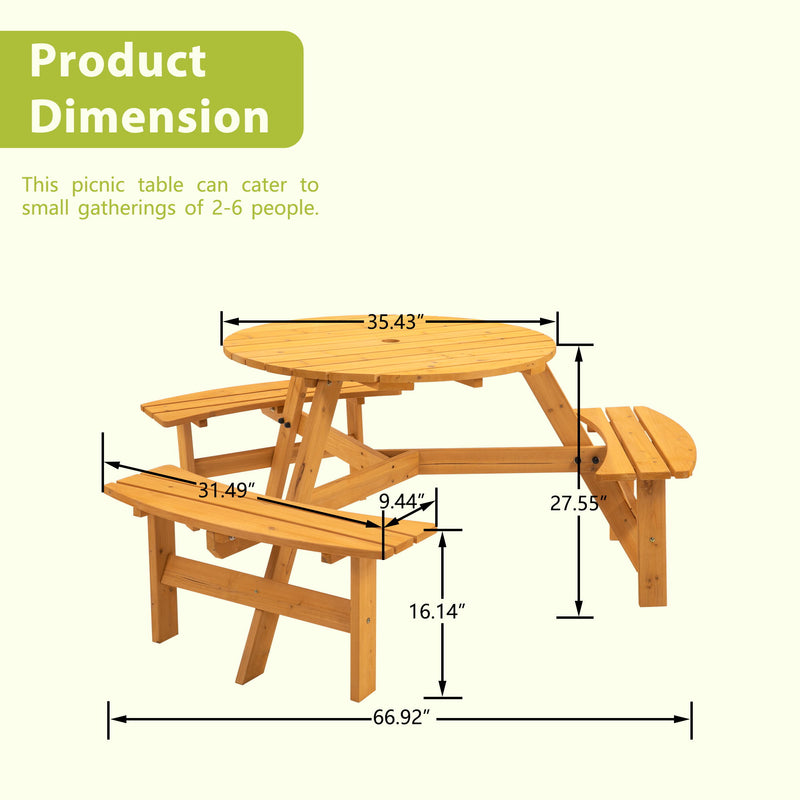 6 Person Circular Outdoor Wooden Picnic Table For Patio, Backyard, Garden, Diy With 3 Built-In Benches, 1720Lb Capacity - Natural