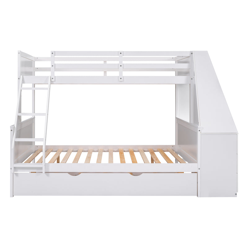 Twin over Full Bunk Bed with Trundle and Built-in Desk, Three Storage Drawers and Shelf,White