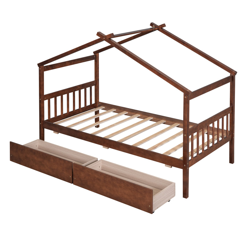 Twin Size Wooden House Bed with Drawers, Walnut