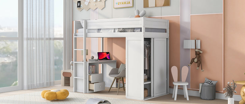 Wood Twin Size Loft Bed with Wardrobes and 2-Drawer Desk with Cabinet, White