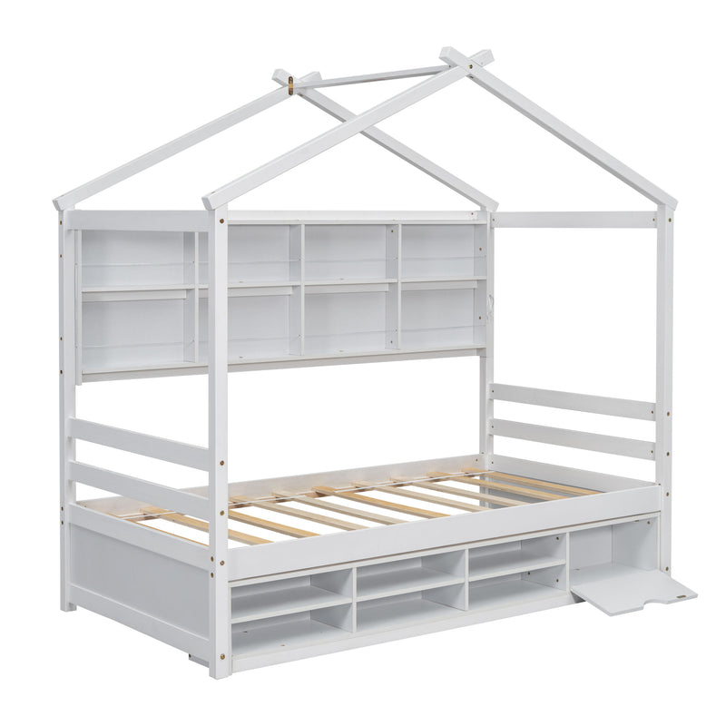 Twin House Bed With Roof Frame, Bedside-Shelves, Under Bed Storage Unit - White