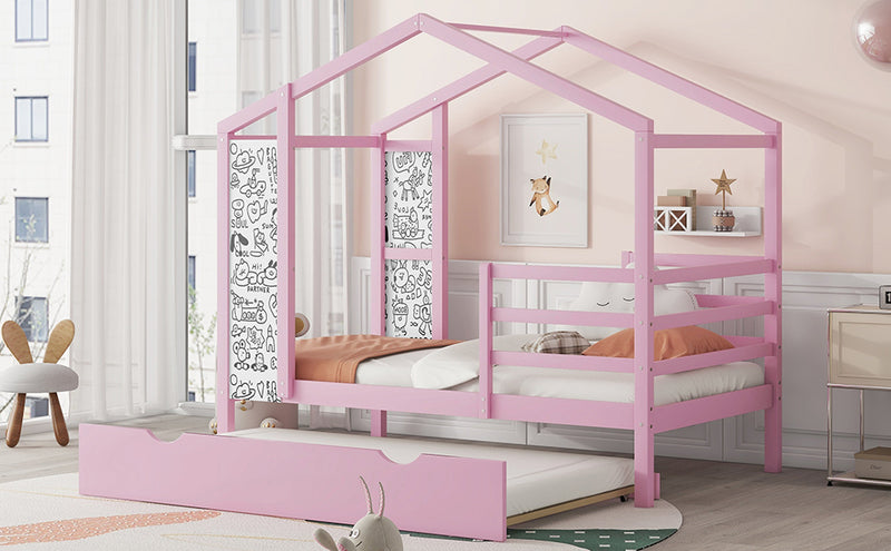 Twin Size Wood House Bed with Fence and Writing Board,Pink