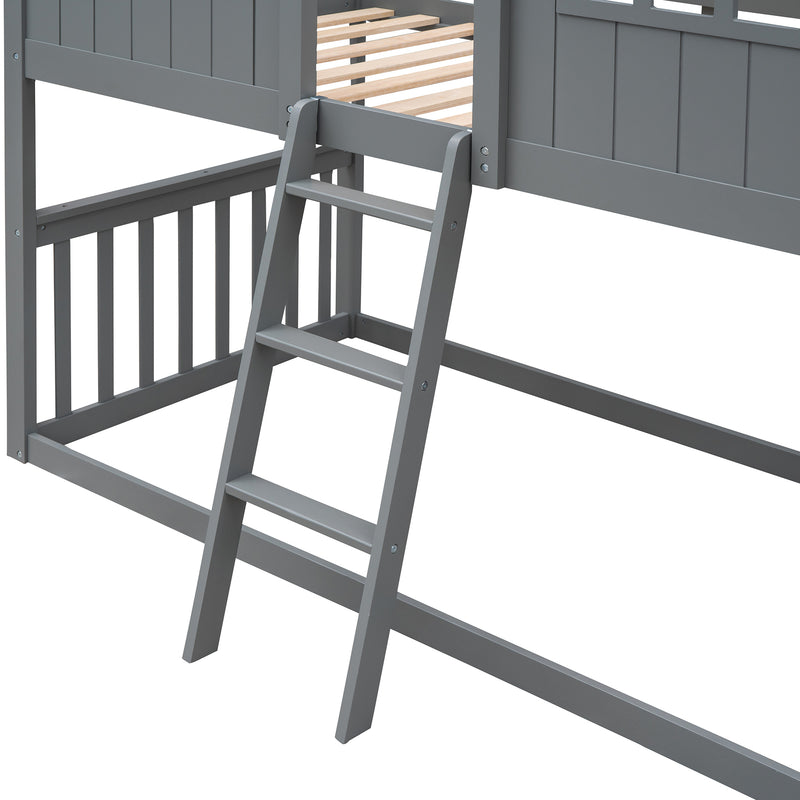 Twin Over Twin House Bunk Bed With Ladder, Wood Bed-Gray