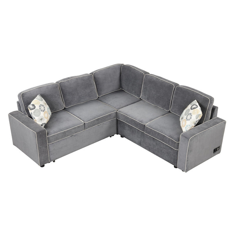 L-Shaped Pull Out Sofa Bed Modern Convertible Sleeper Sofa With 2 USB Ports, 2 Power Sockets And 3 Pillows For Living Room