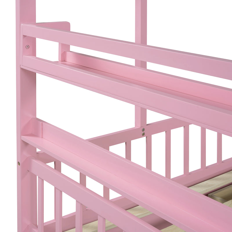 Wooden Full Size House Bed with 2 Drawers,Kids Bed with Storage Shelf, Pink