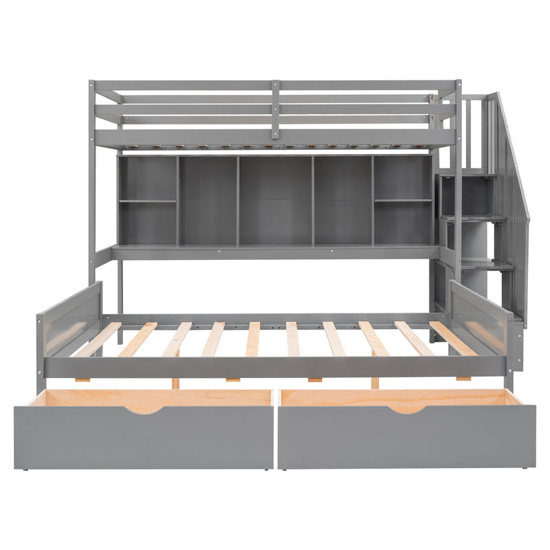 Twin XL over Full Bunk Bed with Built-in Storage Shelves, Drawers and Staircase,Gray