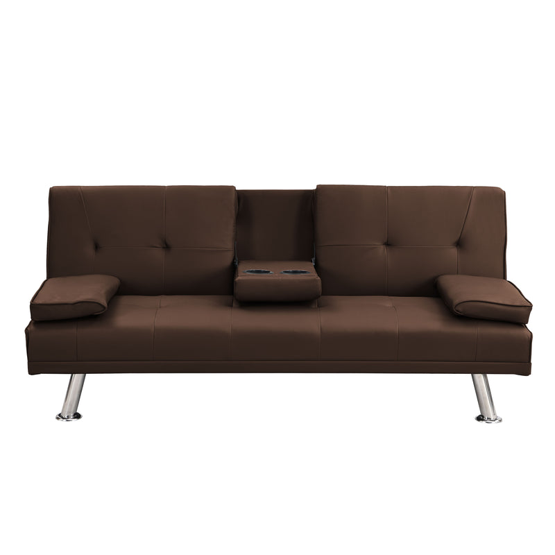 Futon Sofa Bed With Armrest Two Holders Wood Frame, Stainless Leg - Brown