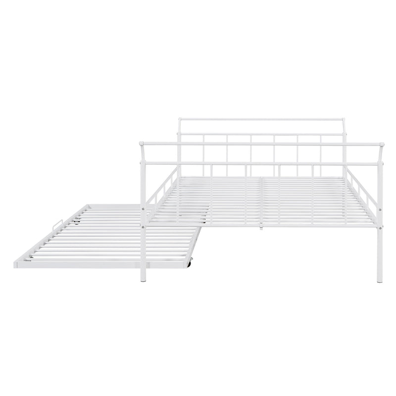 Full Size Metal Daybed With Curved Handle Design And Twin Size Trundle - White