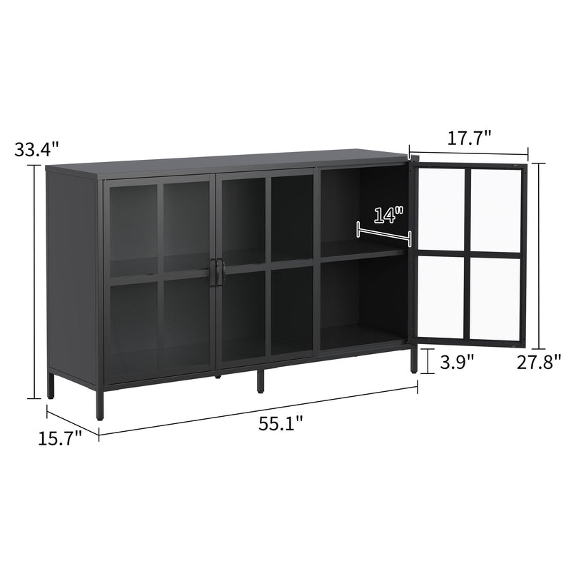 Heavy Duty Metal Modern Sideboard Buffet Cabinet With Storage Premium Steel Storage Cabinet, Adjustable Feet, Glass Doors, Large Capacity Organizer