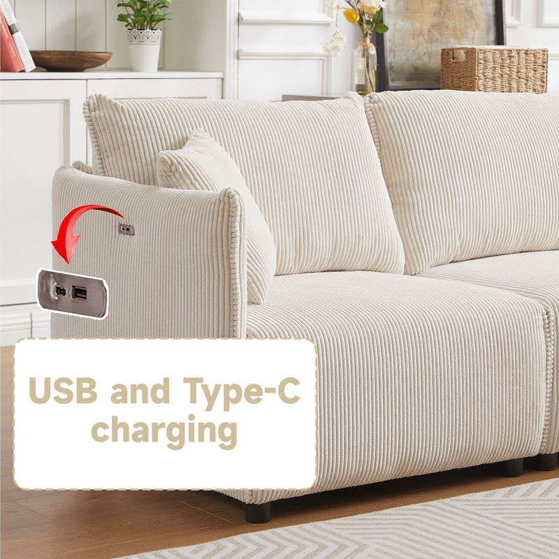 Multi-Module Combination Style Sofa For Living Room, Bedroom And Other Lounge Spaces, Modern Minimalist Corduroy Combination Sofa With 2 Comfort Cushions With USB & C Charging Ports, Two Sets - Beige