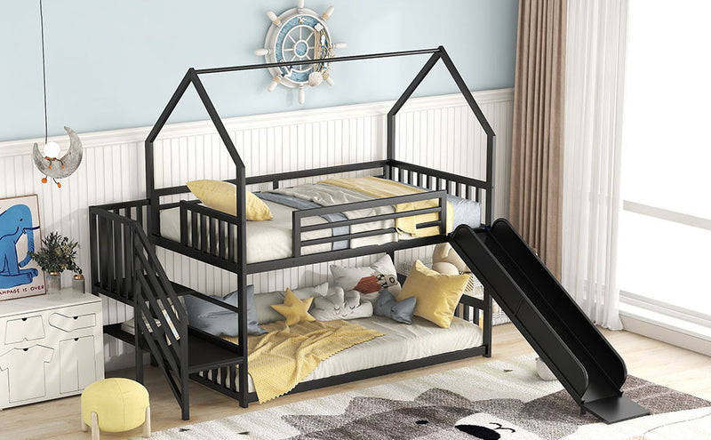 Twin Size Metal Bunk Bed House Bed With Slide And Staircase - Black