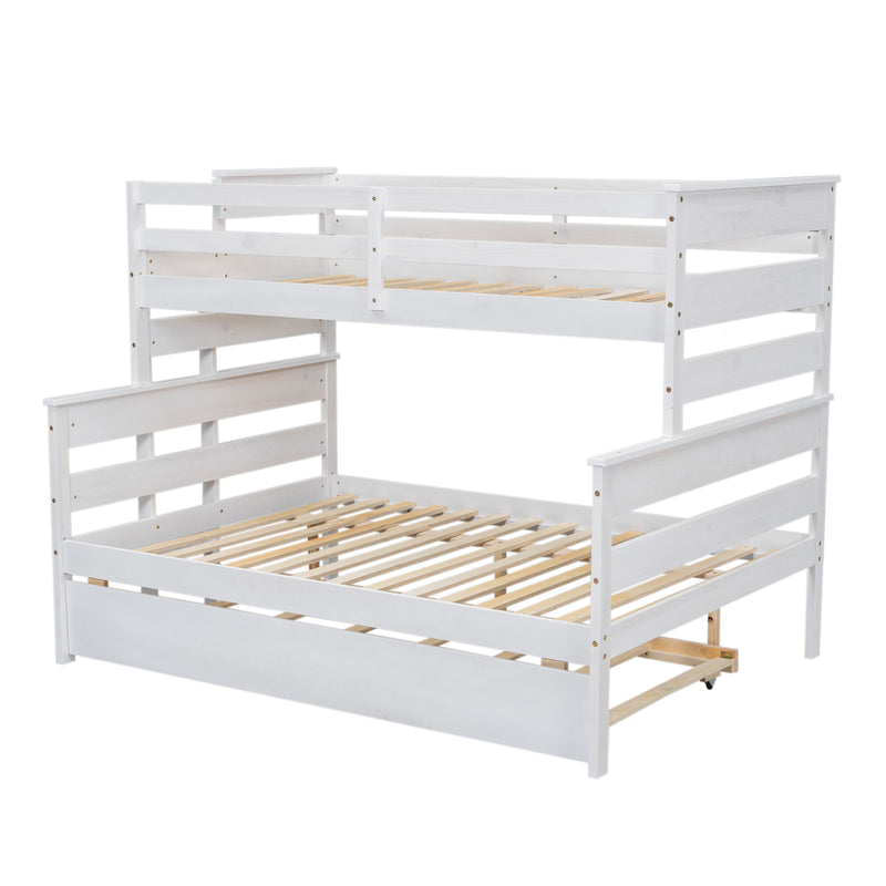 Wood Twin over Full Bunk Bed with Twin Size Trundle, White