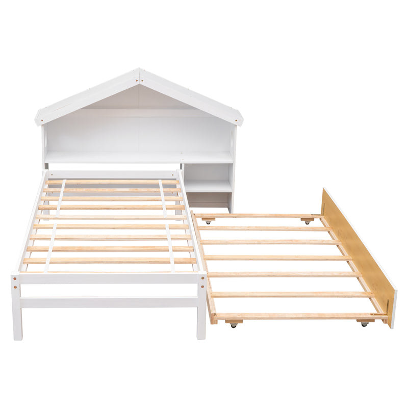 Twin Storage House Bed for kids with Bedside Table, Trundle, White