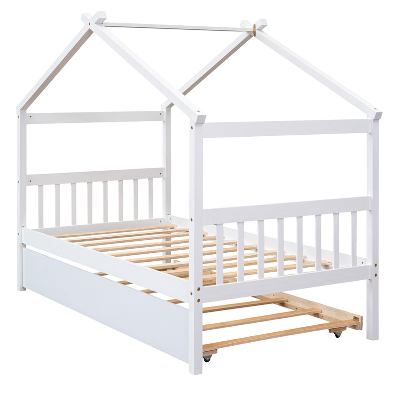 Twin Size Wooden House Bed With Twin Size Trundle - White