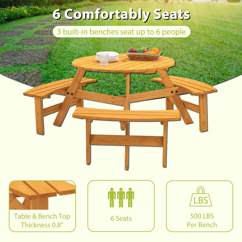 6 Person Circular Outdoor Wooden Picnic Table For Patio, Backyard, Garden, Diy With 3 Built-In Benches, 1720Lb Capacity - Natural