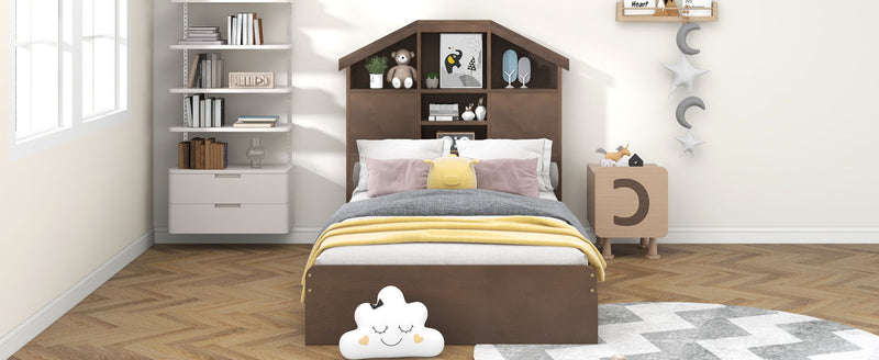 Twin Size Wood Platform Bed with House-shaped Storage Headboard and 2 Drawers, Walnut