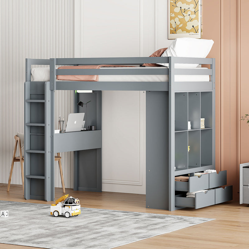 Twin Size Loft Bed with large shelves, writing desk and LED Light, Gray