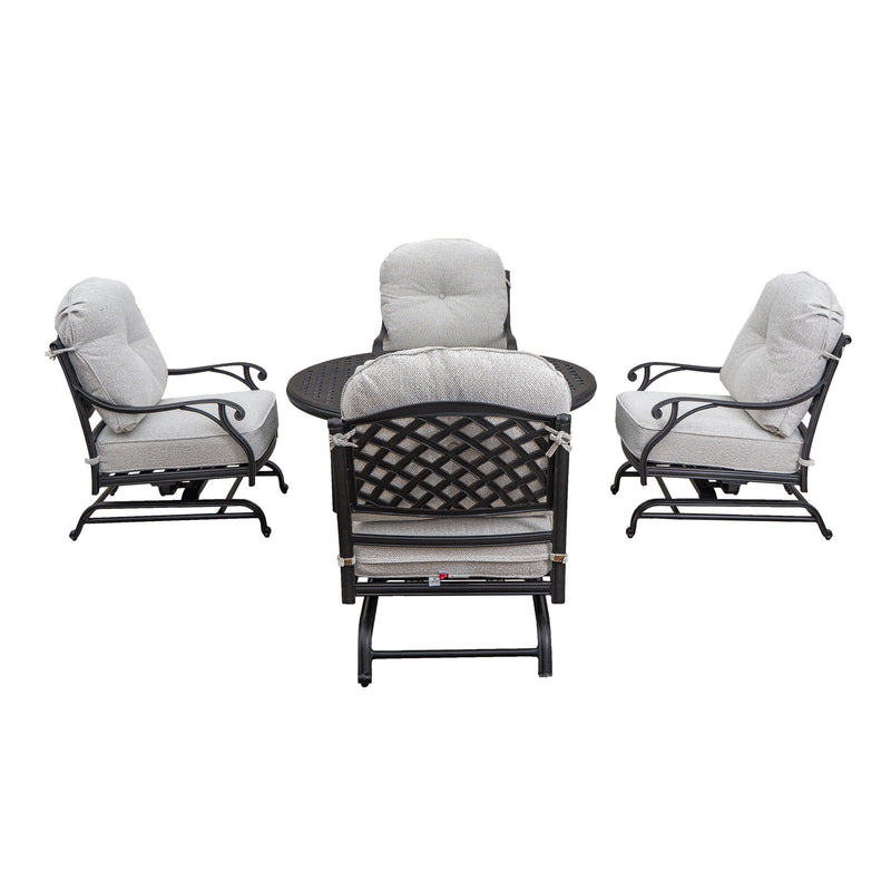 Stylish Outdoor 5 Piece Aluminum Dining Set With Cushion ( 4 Club Motion Chairs And A Round Fire Pit Table) - Sandstorm