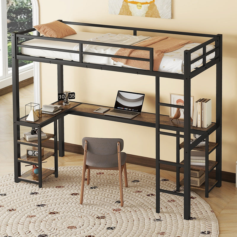 Twin XL Metal Loft Bed with Desk and Shelves, Loft Bed with Ladder and Guardrails, Loft Bed Frame for Bedroom, Black