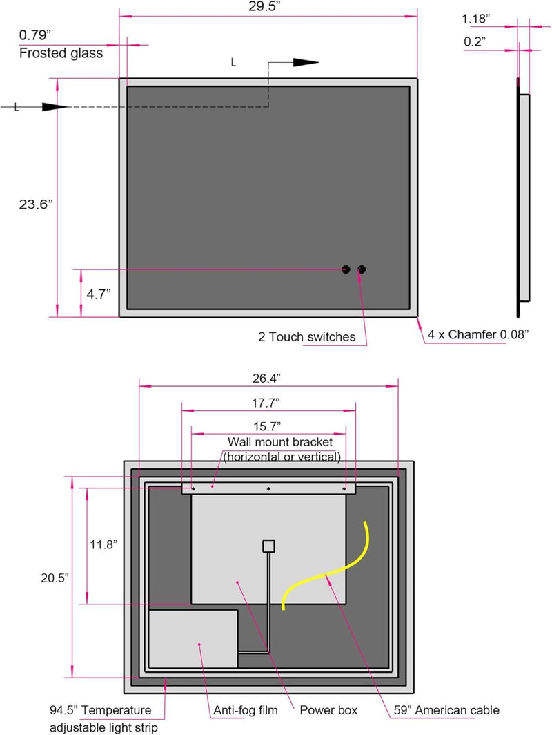 30" W x 24" H Modern Wall Mounted LED Backlit Anti-Fog Rectangular Bathroom Mirror With Us Standard Plug, Temperature Adjustable And Memory Function Touch Switch - White