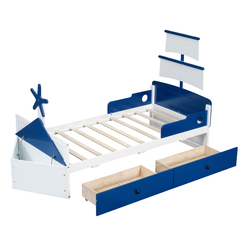 Twin Size Boat-Shaped Platform Bed with 2 Drawers ,Twin Bed with Storage for Bedroom,Blue