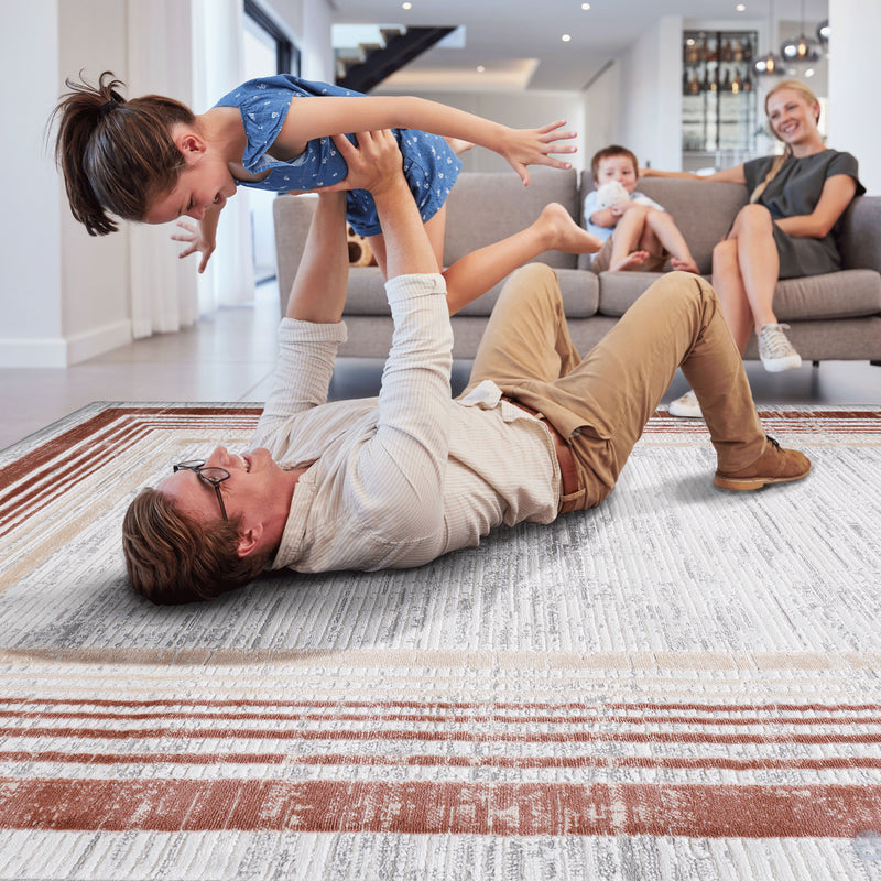 5' x 7' Bordered Non-Shedding Living Room Bedroom Dining Home Office Stylish And Stain Resistant Area Rug - Brown / Ivory