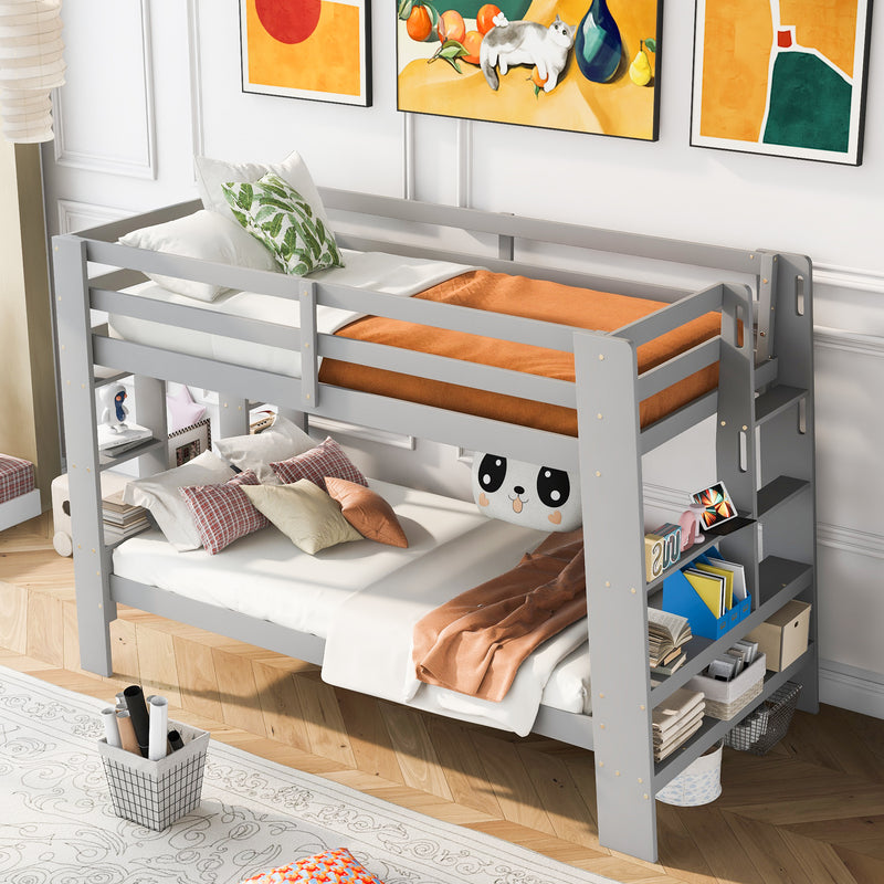 Twin over Twin Bunk Bed with Shelves and Built-in Ladder, Gray