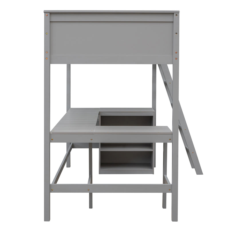 Twin size Loft Bed with Shelves and Desk, Wooden Loft Bed with Desk - Gray(OLD SKU:LT000537AAE)