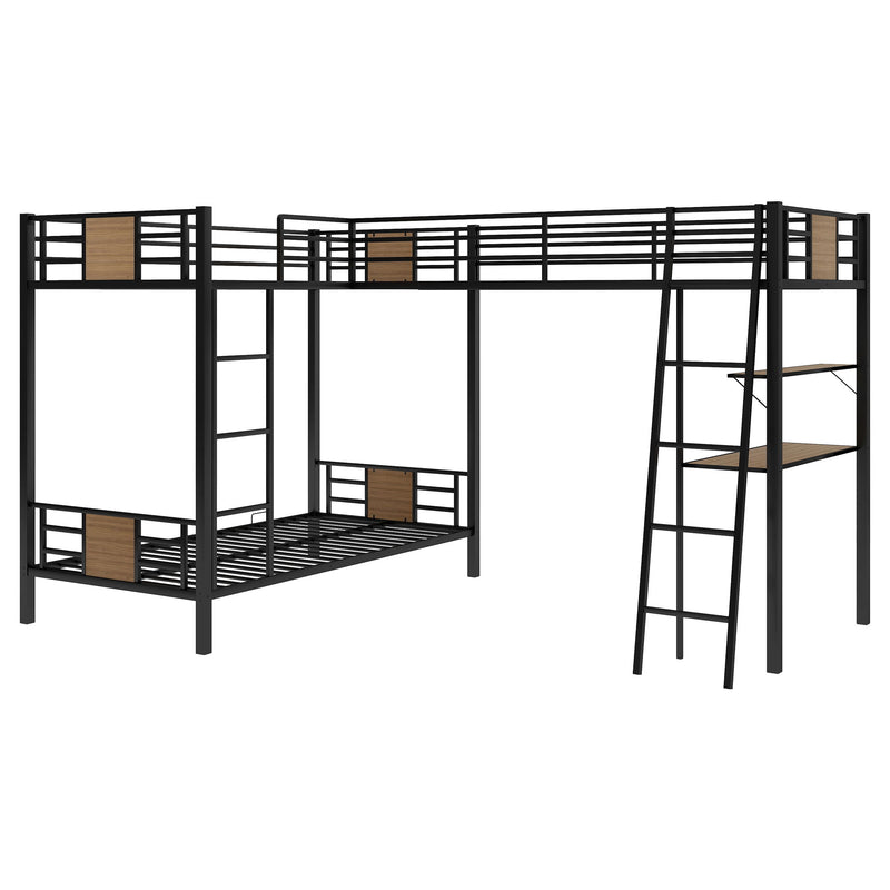 L Shaped Twin Over Twin Bunk Bed With Twin Size Loft Bed With Desk And Shelf - Brown