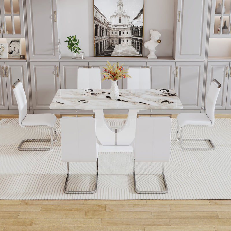 Table and chair set, modern minimalism and luxurious white rectangular pattern dining table.  Soft and comfortable dining chair, for dining room, living room, terrace and kitchen.