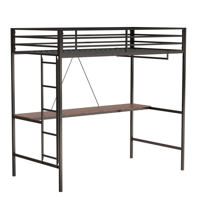 Adam - Twin Loft Bunk Bed With Cinnamon Wood Desk And Closet Rod - Black