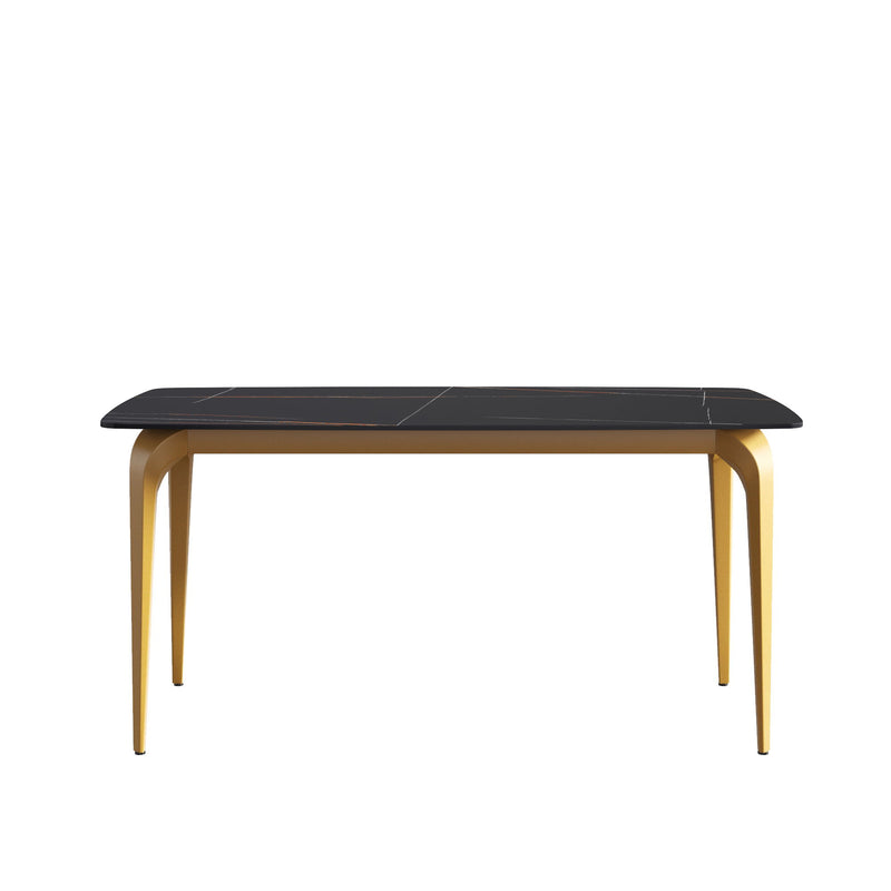 63" Modern Artificial Stone Black Curved Golden Metal Leg Dining Table, 6 People - Black / Gold