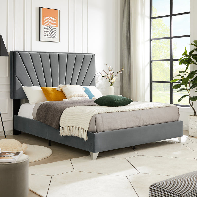 B108 Full bed Beautiful line stripe cushion headboard , strong wooden slats + metal support feet, Gray Flannelette