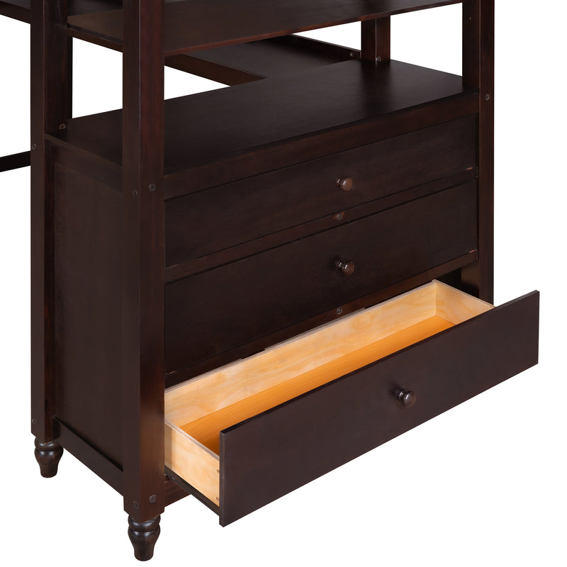 Twin size Loft Bed with Drawers and Desk, Wooden Loft Bed with Shelves - Espresso(OLD SKU: LT001530AAP)