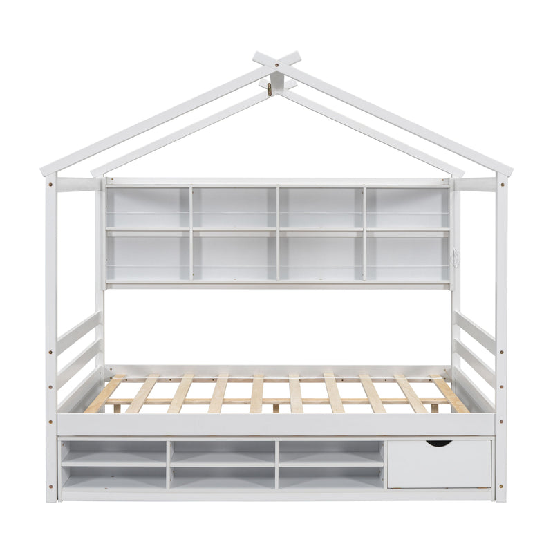 Full House Bed With Roof Frame, Bedside-Shelves, Under Bed Storage Unit - White