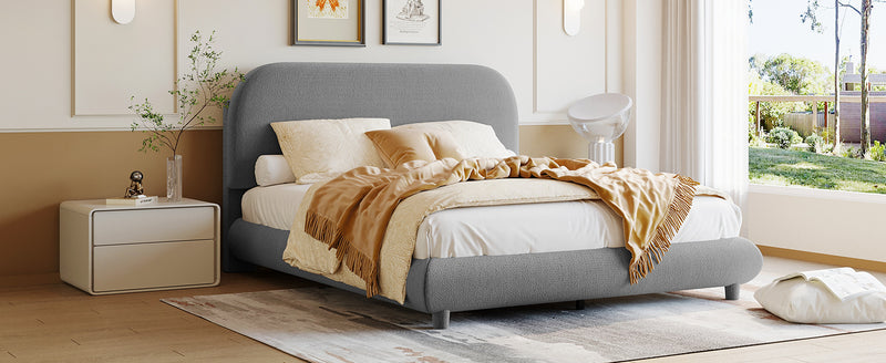 Teddy Fleece Full Size Upholstered Platform Bed with Thick Fabric, Solid Frame and Stylish Curve-shaped Design, Gray