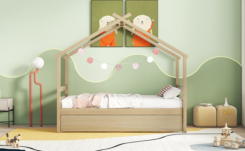 Twin Size  House-shaped Bed with Trundle,Natural