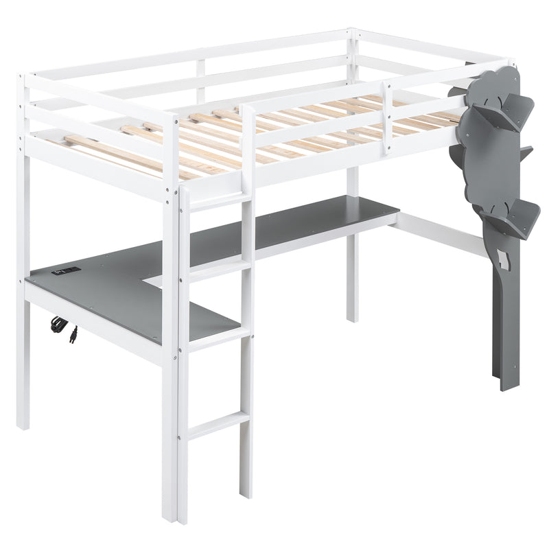 Twin Size Loft Bed with L-shaped Desk,Tree Shape Bookcase and Charging Station, White+Gray