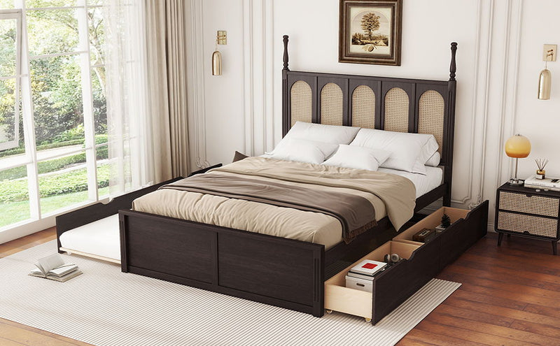 Rattan Platform Bed With With 2 Big Drawers With Trundle