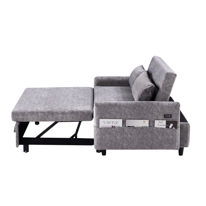 Pull Out Sleep Sofa Bed Loveseats Sofa Couch With Adjsutable Backrest, Storage Pockets, 2 Soft Pillows, USB Ports For Living Room