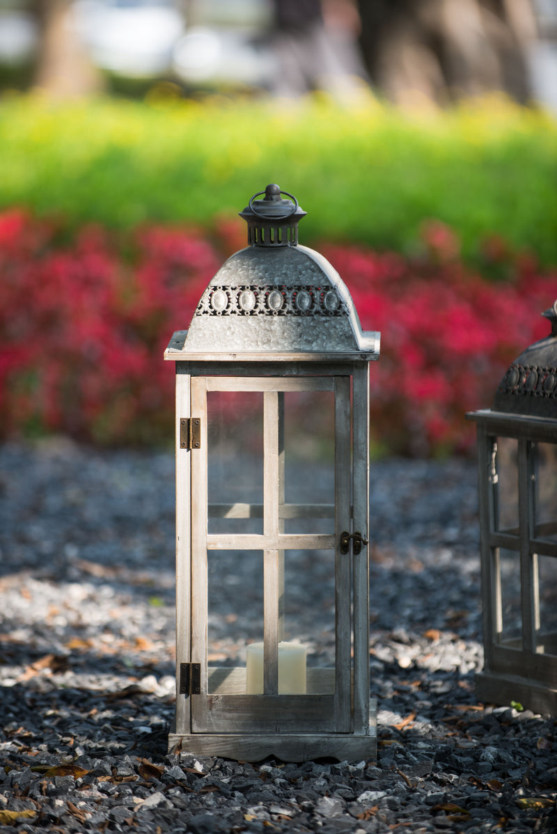 Wooden Candle Lantern Decorative, Hurricane Lantern Holder Decor For Indoor Outdoor, Home Garden Wedding (Set of 2) - Gray