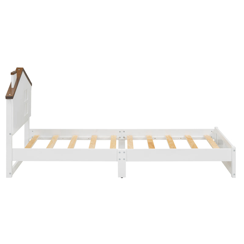 Twin Size Wood Platform Bed with House-shaped Headboard and Built-in LED, Walnut+White