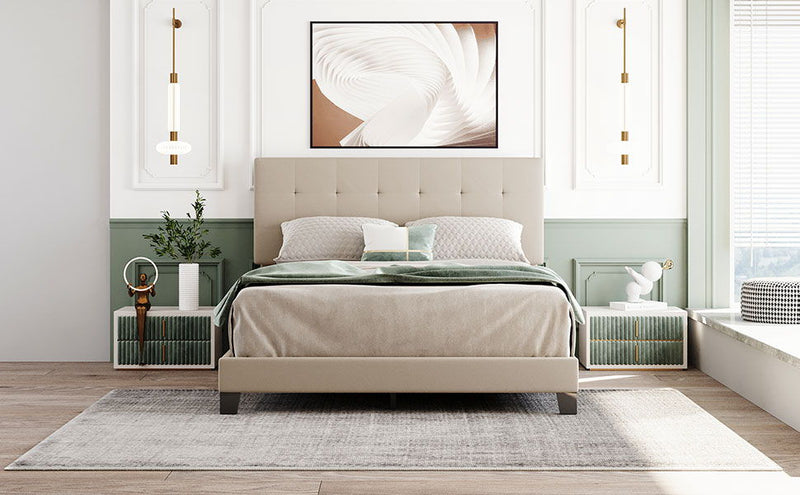 Queen Size Upholstered Platform Bed With Tufted Headboard, No Box Spring Needed - Beige