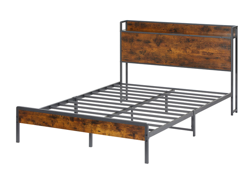 Bed frame with charging station full size, Rustic Brown, 83.1'' L x 56.1'' W x 39'' H