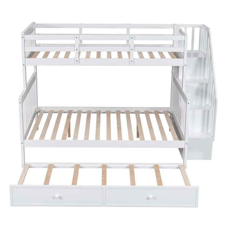 Twin Over Full Bunk Bed With Twin Size Trundle, Storage And Guard Rail For Bedroom, Dorm, For Adults - White