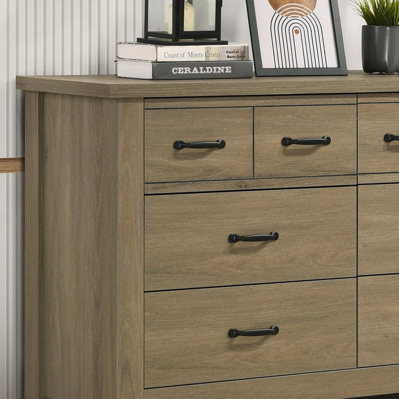 Finn - Oak Finish Dresser With 6 Drawers And Black Handles - Coffee Gray